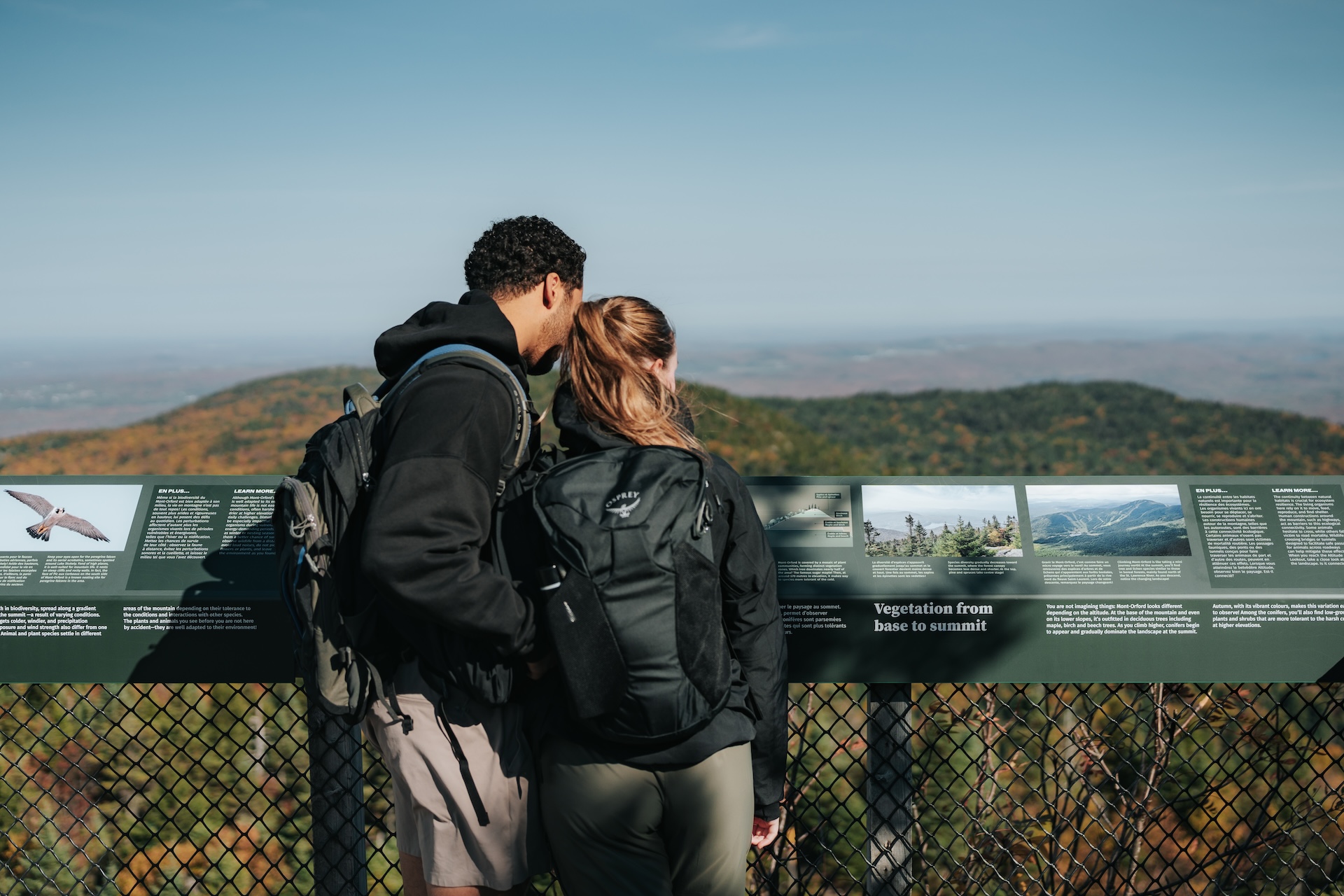Deux randonneurs observent un panneau d'information sur la végétation, au sommet d'une montagne en automne.