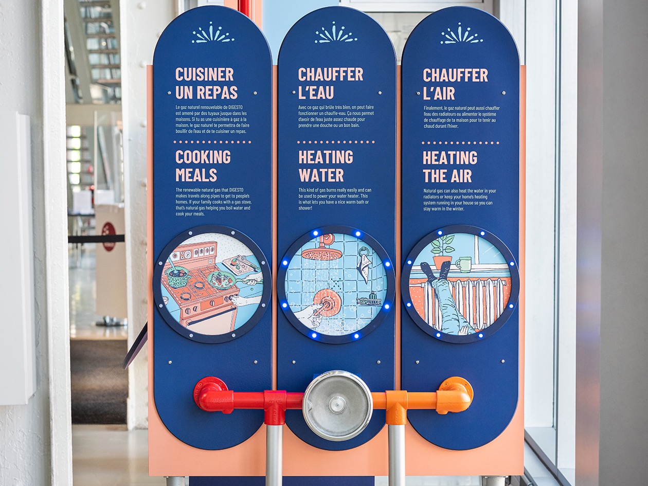 Installation muséographique de Studio Overall expliquant les usages du gaz naturel pour cuisiner, chauffer l'eau et l'air.