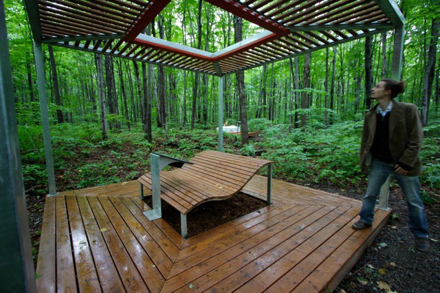 Installation forestière en bois avec banc incurvé, dans un cadre naturel verdoyant.